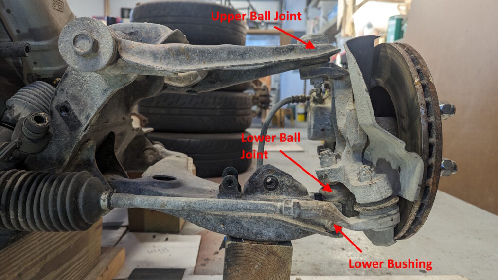 Left front suspension side view. Showing part names.