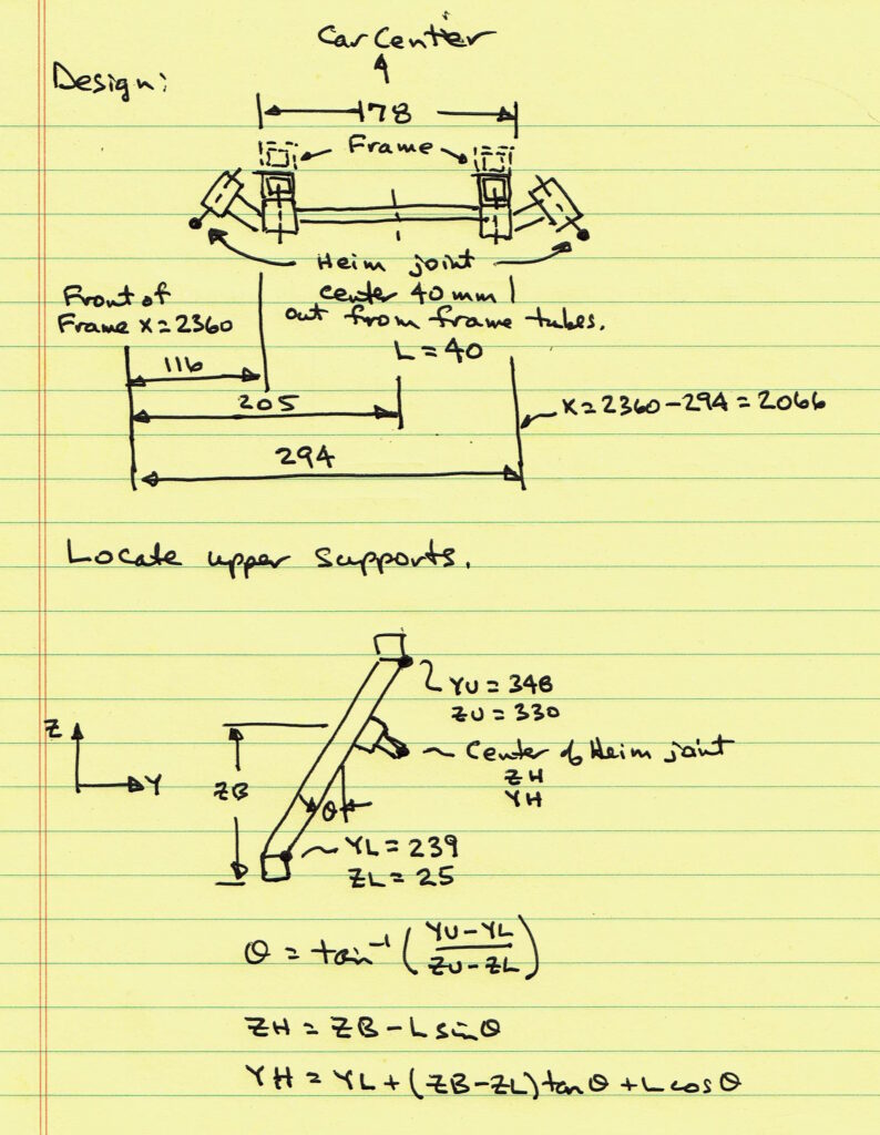 Calculations to locate the upper A-arm Heim joint locations.