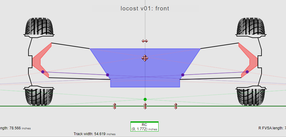 VSusp calculation showing the Roll Center at 1.772 inches with -0.106 degrees of camber on both wheels.